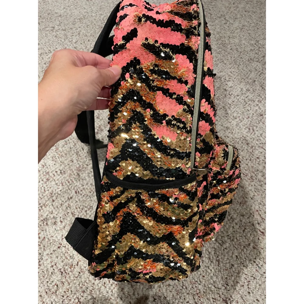 Girls' Backpack-Justice Pink Black Gold Flip-Sequin Zebra (Back to School)